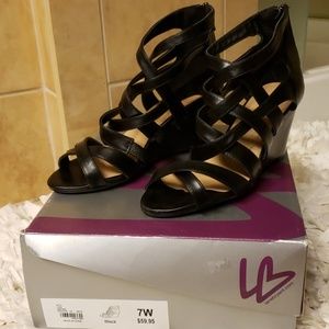 7 WIDE Black Wedge Ankle Sandals